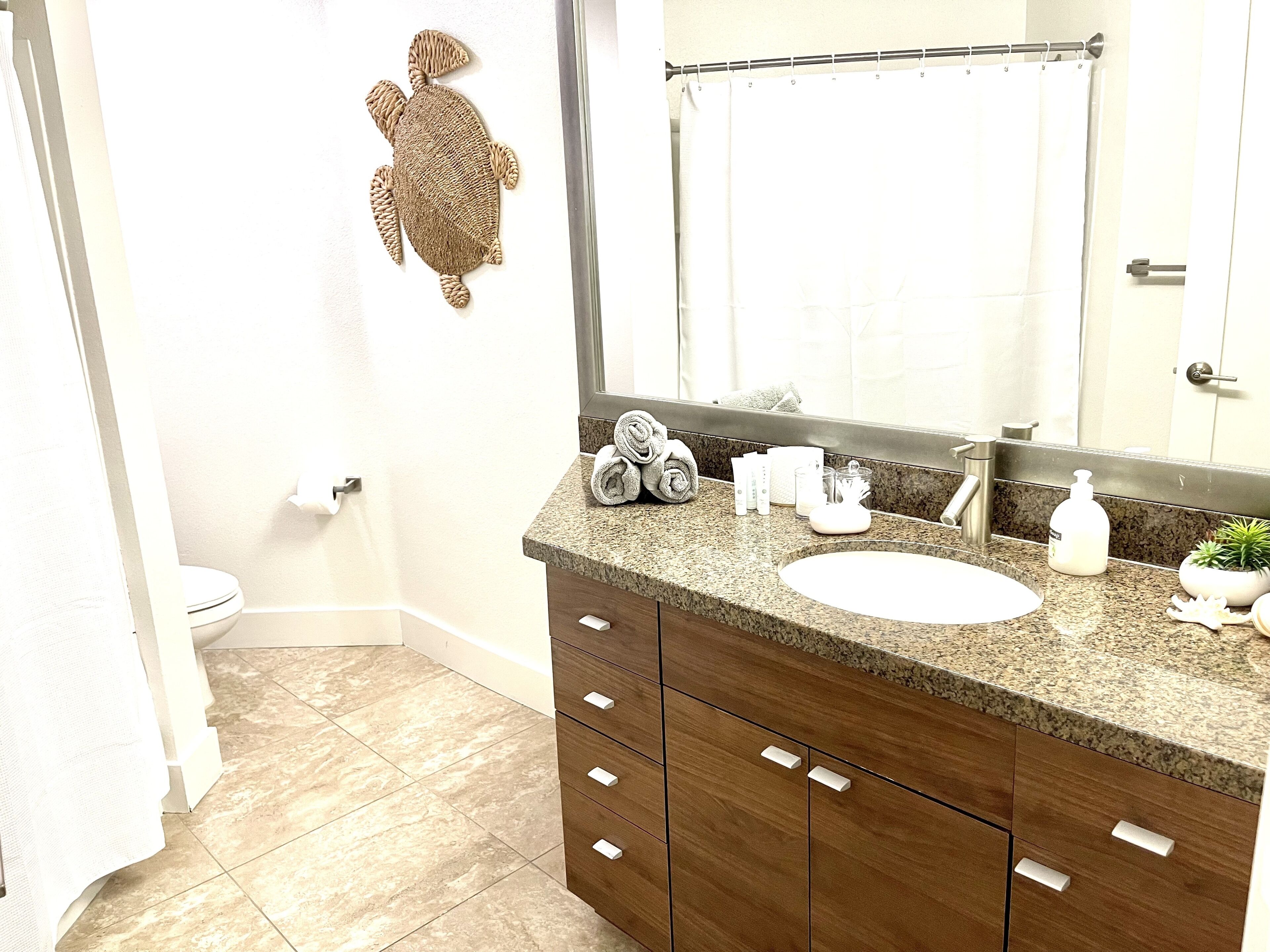 Secador de pelo, toallas, jabón y champú