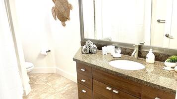 Secador de pelo, toallas, jabón y champú