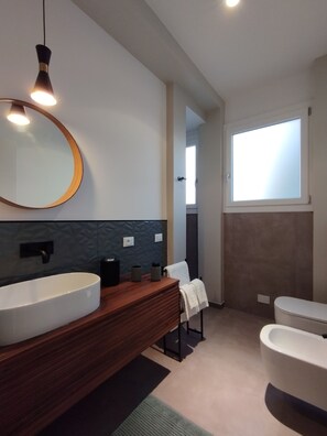 Chuveiro, secador de cabelo, bidê, toalhas de banho