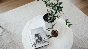 A round white table with a potted plant, a book titled 'Nordic Moods', and a small copper pot. - Proper Luxury, Sauna, The Woodland Loft (Bozeman)