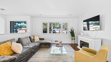 TV connectée, cheminée, livres