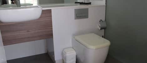 A modern bathroom with a white sink, a toilet, and a small trash bin.