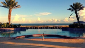 A swimming pool with a view of the ocean and a palm tree. - "Above the Waves" - BEACH FRONT (Galveston)