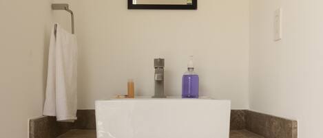 Shower, towels, soap, shampoo