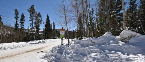 Un camino cubierto de nieve con un cartel y árboles al fondo.