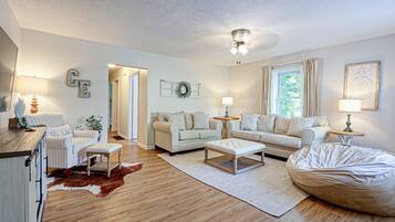 TV connectée, cheminée, jeux vidéo, livres