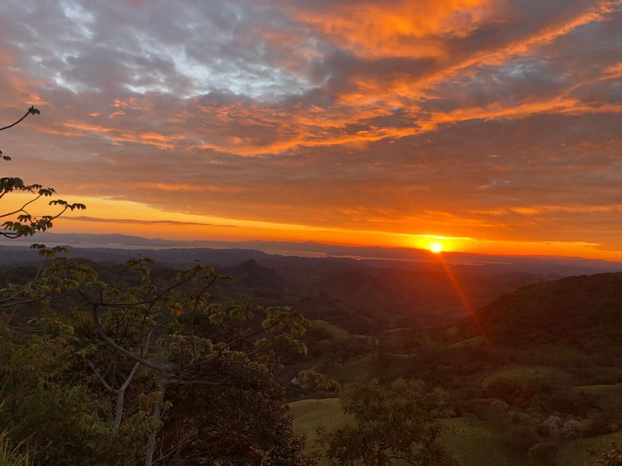 Un atardecer sobre un paisaje montañoso con árboles en primer plano.