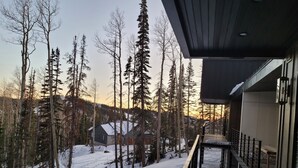 A wooden deck with snow, overlooking a forested area with a house in the background.