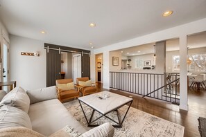 Smart TV, fireplace, books, computer monitors