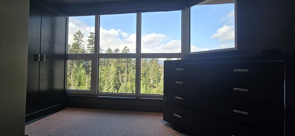 Une pièce dotée d’une grande fenêtre, d’une commode sombre et d’un sol recouvert de moquette.