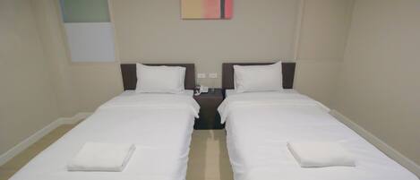 A twin room with two single beds, a bedside table, a wall-mounted air conditioner, and a small painting.