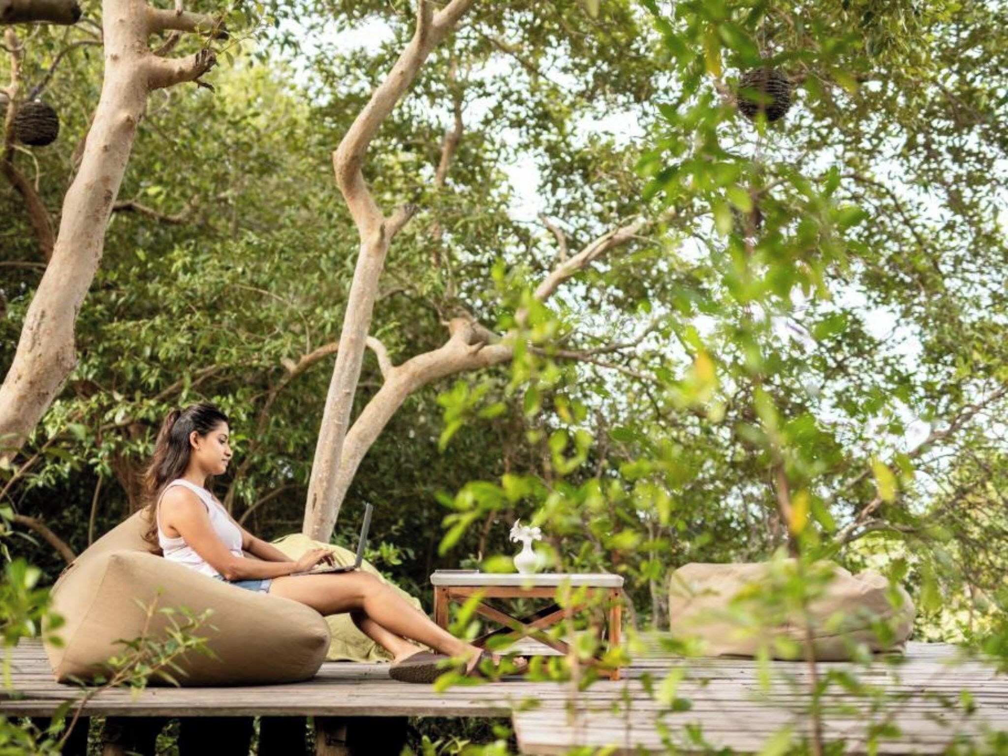 A person sitting on a deck chair in a forested area with a laptop, surrounded by trees and a small table with a vase.