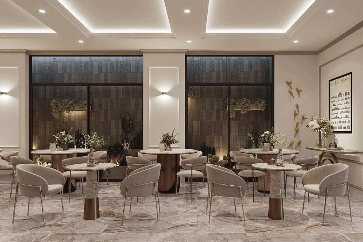A modern dining area with round tables and chairs, large windows, and decorative lighting.
