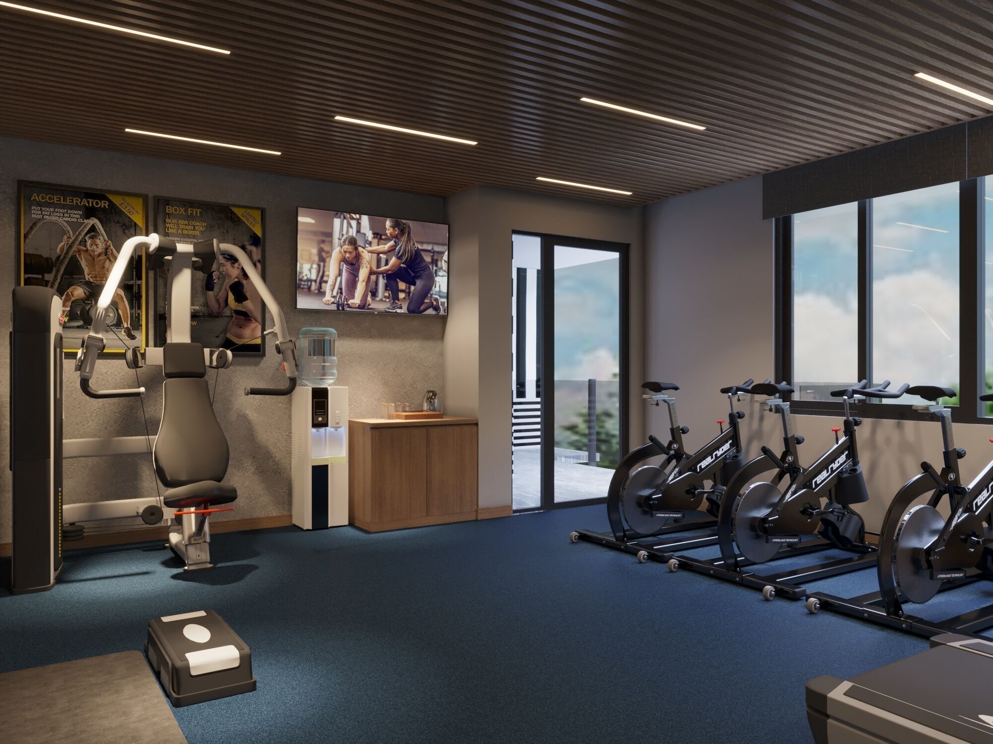 A modern gym with cardio machines, a water dispenser, and a large window providing a view of the outdoors.
