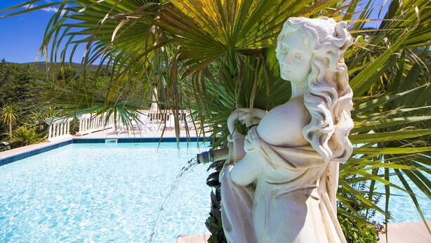 A statue by a pool with a clear view of the surrounding greenery and a distant building.