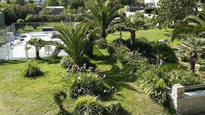 Ein gepflegter Garten mit verschiedenen Pflanzen und einem kleinen Teich.