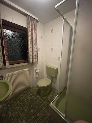 A small bathroom with a toilet, a sink, a shower, and a window with curtains. - Beny Hotel Restaurant  (Bad Bellingen)