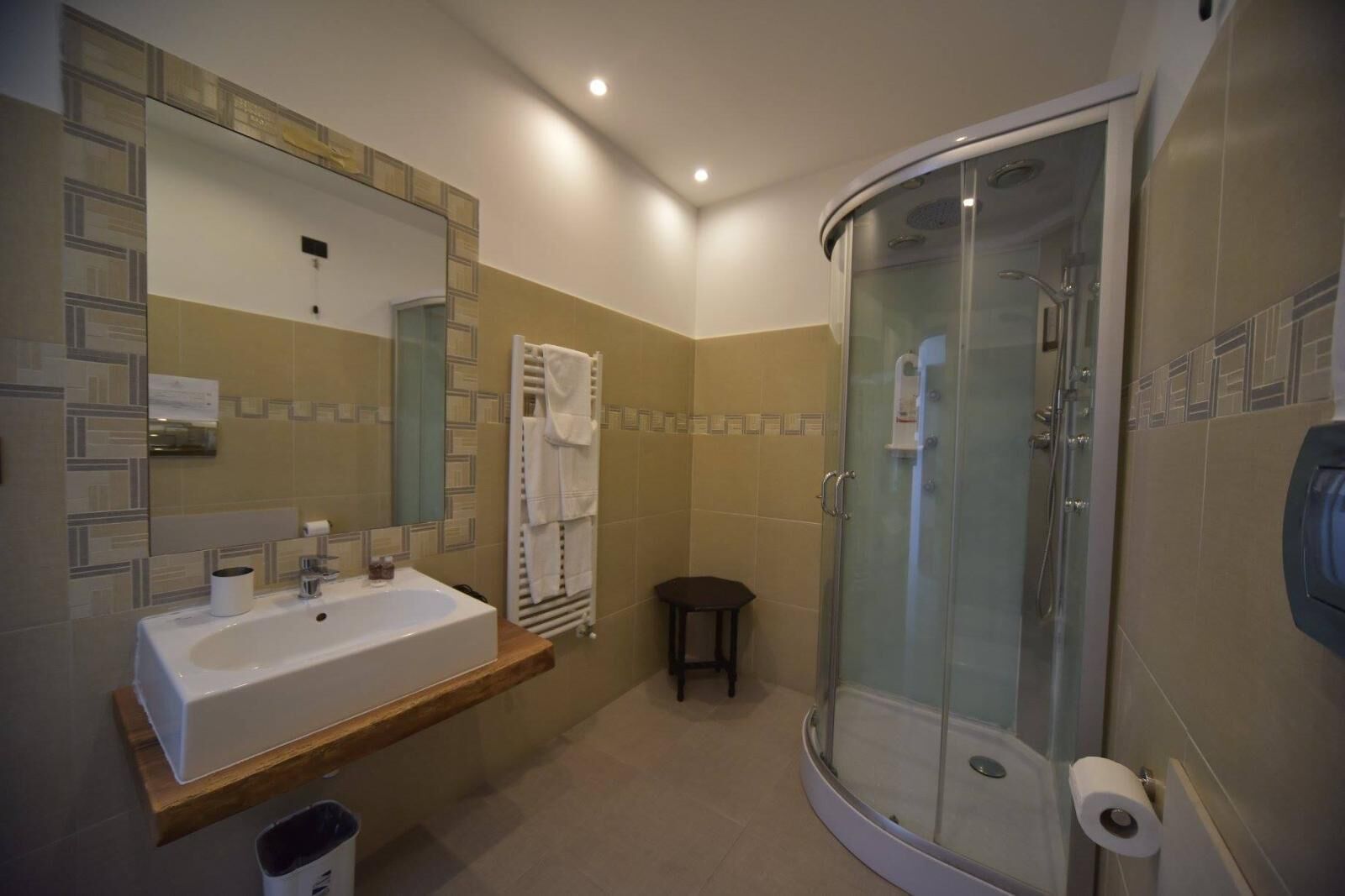 Une salle de bain moderne équipée d’un lavabo, d’un miroir, d’un porte-serviettes et d’une douche à parois de verre.