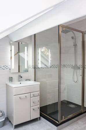 Bathroom features a glass-enclosed shower with handheld and overhead showerheads, a vanity with mirror, and mosaic-tiled walls.