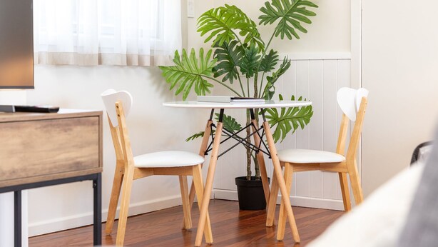 A modern living room with a round white table, two wooden chairs with white cushions, a potted plant, and a wooden cabinet. - Pacific Motel 01 - Free WiFi (Forster)