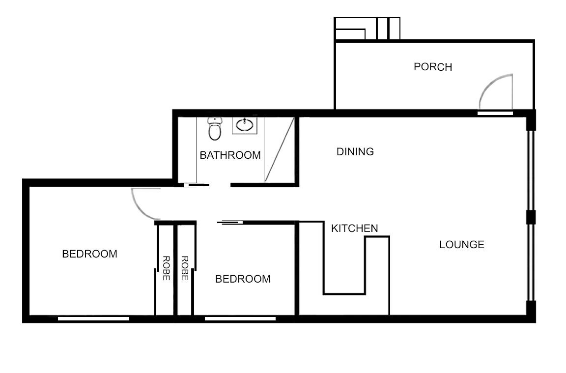 Plano de planta con un dormitorio, baño, comedor, cocina, sala de estar y porche.