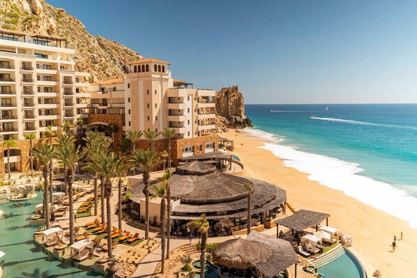 On the beach, sun loungers, beach towels