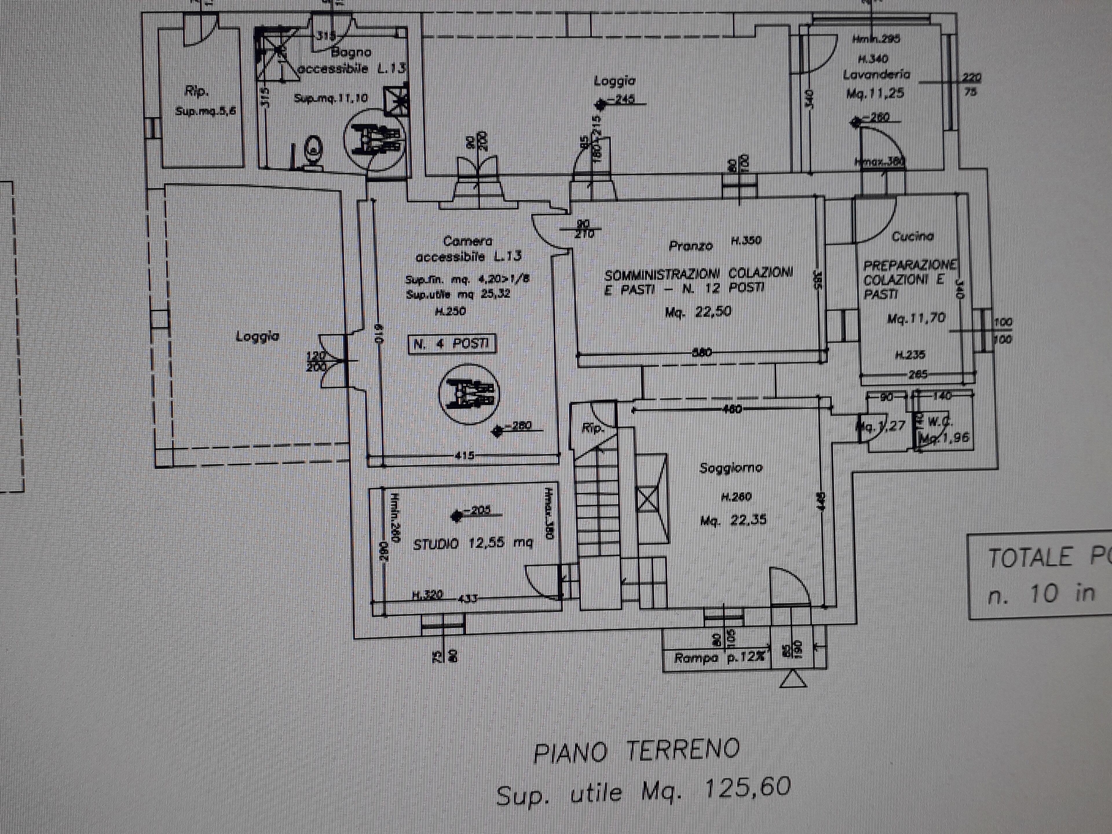 A floor plan of a hotel with labeled rooms and amenities, including a piano terreno, accessible bathroom, and a studio.