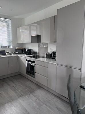 Departamento, 1 cama Queen size | Cocina privada | Refrigerador, microondas, horno y parrilla de estufa