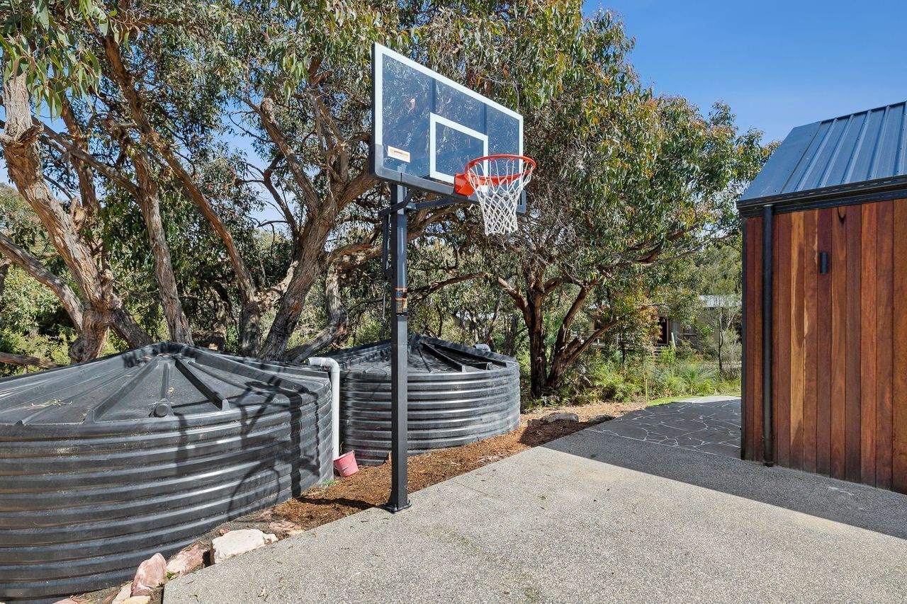 A basketball hoop with a net, positioned next to a corrugated metal structure, with trees and a building in the background.