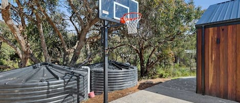 Canasta de baloncesto con red, ubicada junto a una estructura de metal corrugado, con árboles y un edificio al fondo.