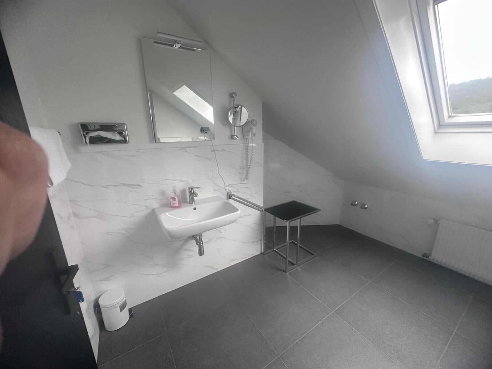 A modern bathroom with a skylight, a sink, a mirror, and a toilet.