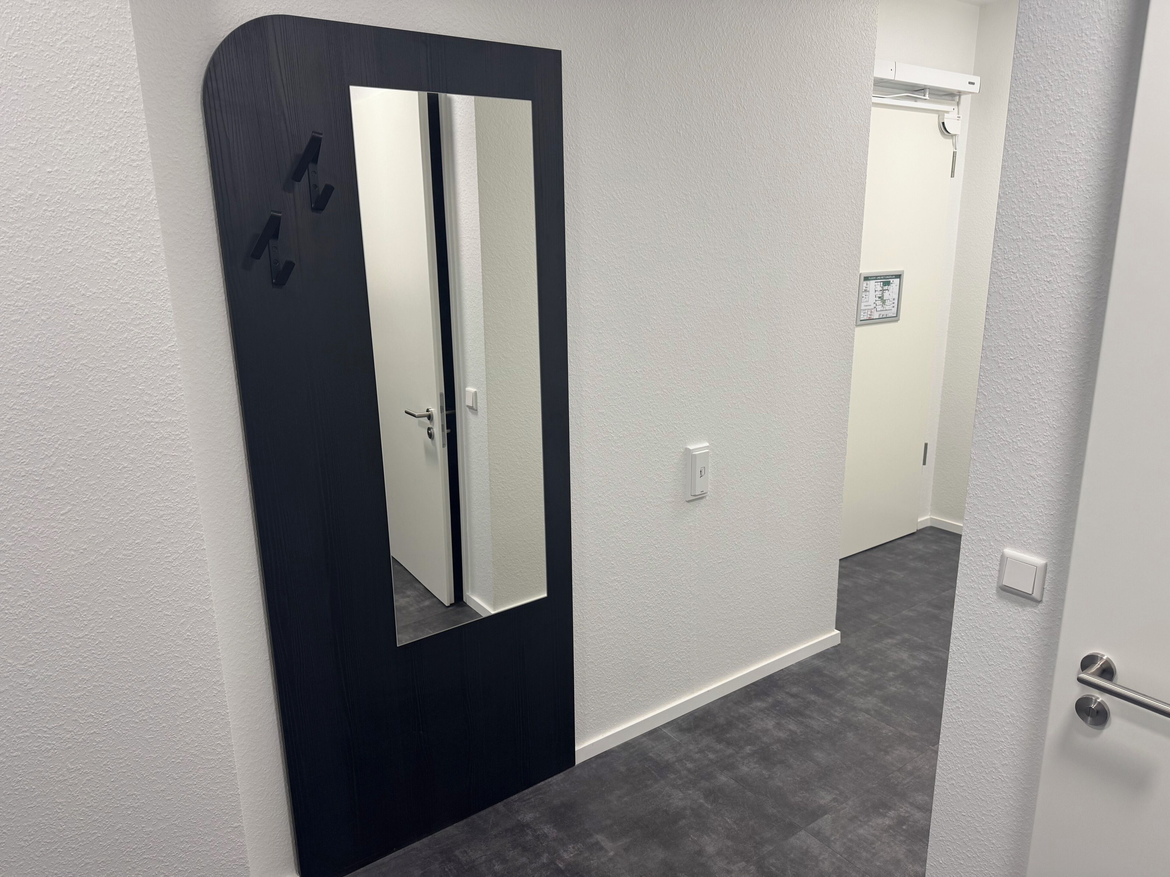 A modern hallway with a dark door and a large mirror.