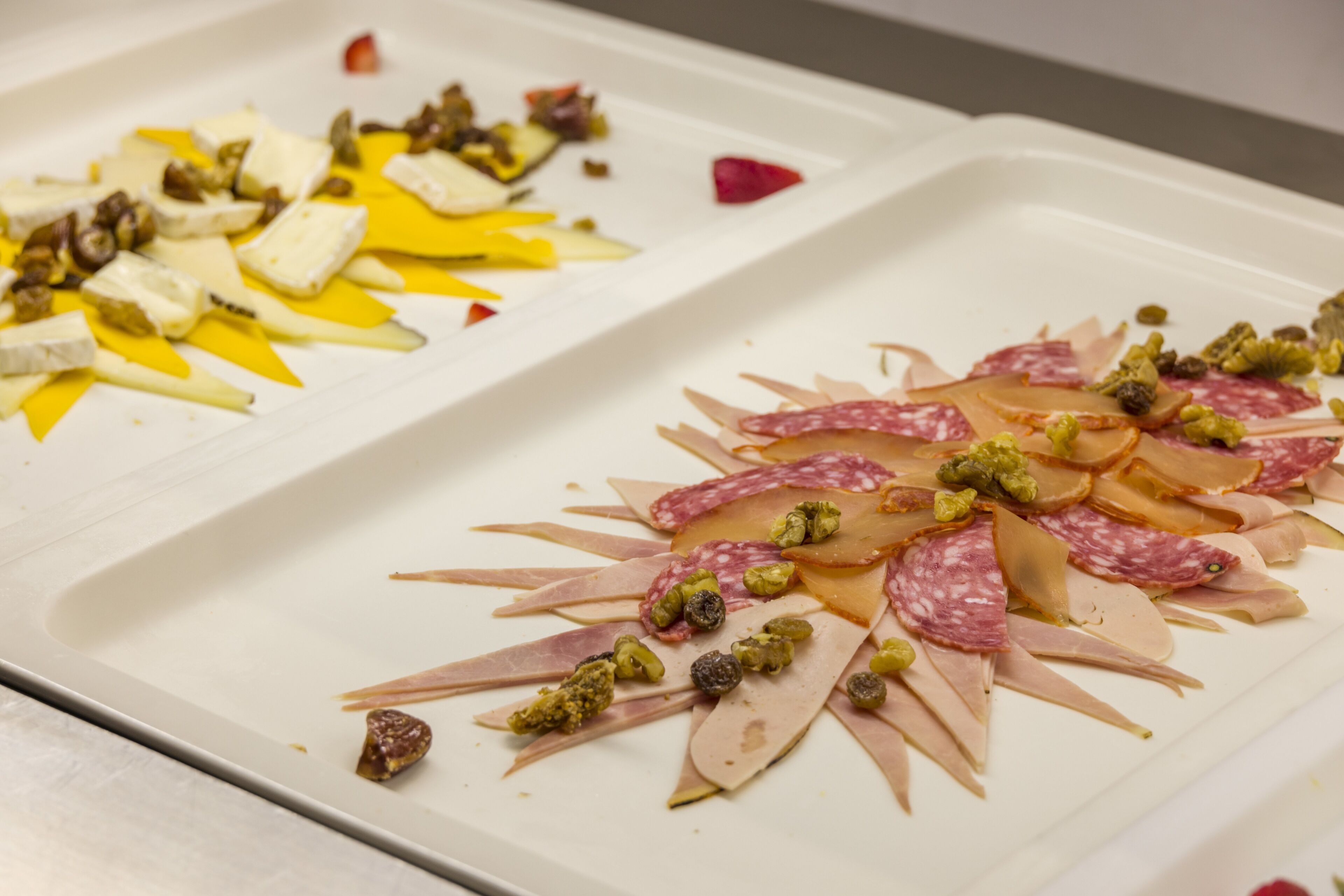 A white rectangular serving tray with sliced meats and vegetables arranged in a fan shape.