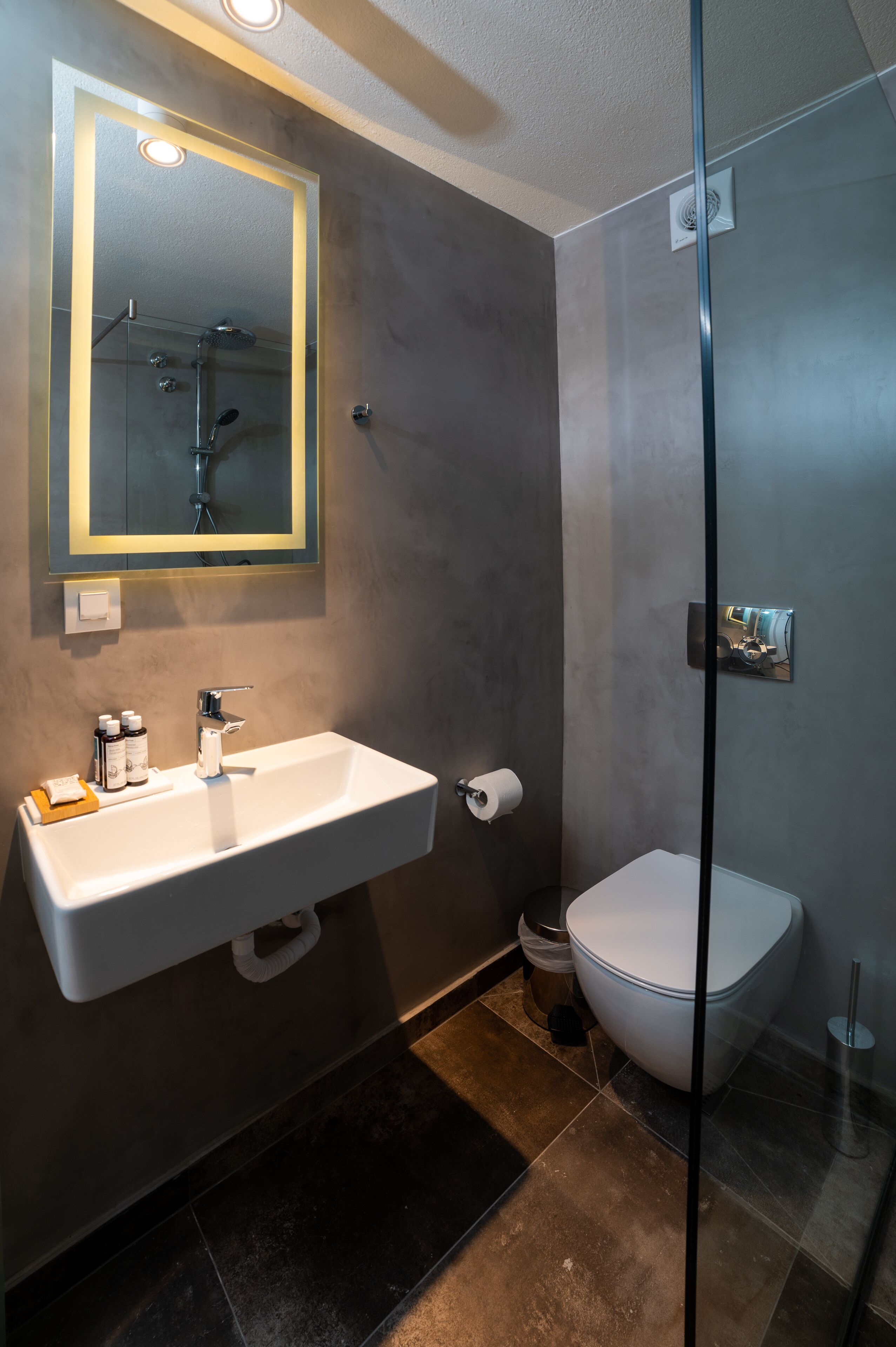 A modern bathroom with a white sink, a glass shower enclosure, and a toilet.