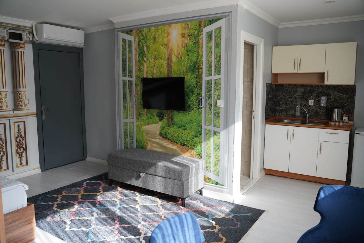 A modern living room with a grey sofa, a colorful rug, and a TV mounted on a wall with a forest mural.