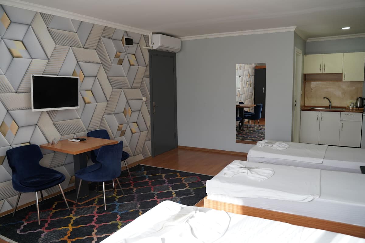 A hotel room with a TV, two beds, a desk, two chairs, and a kitchenette.