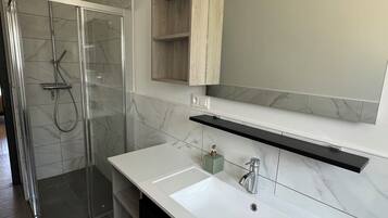 Combined shower/bathtub, towels, toilet paper
