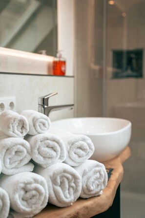 Shower, towels, soap, toilet paper