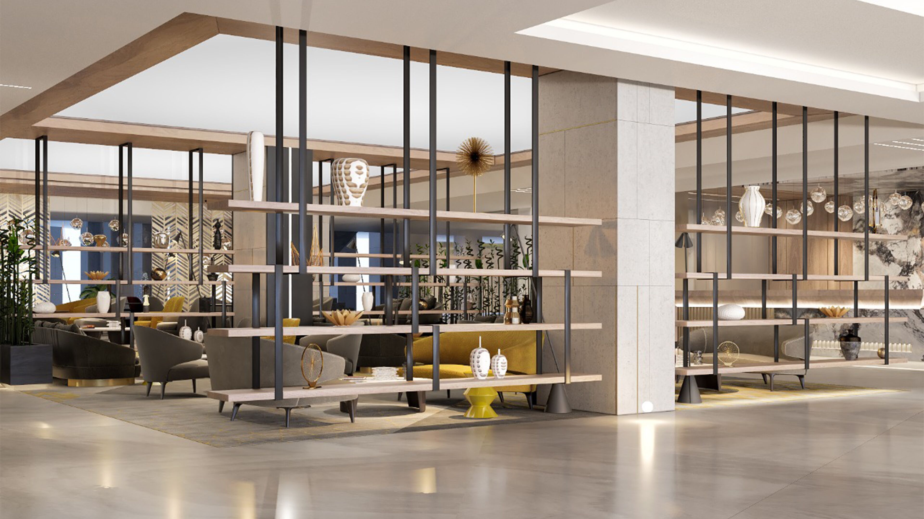 A spacious lobby with high ceilings, modern furniture, and decorative elements.