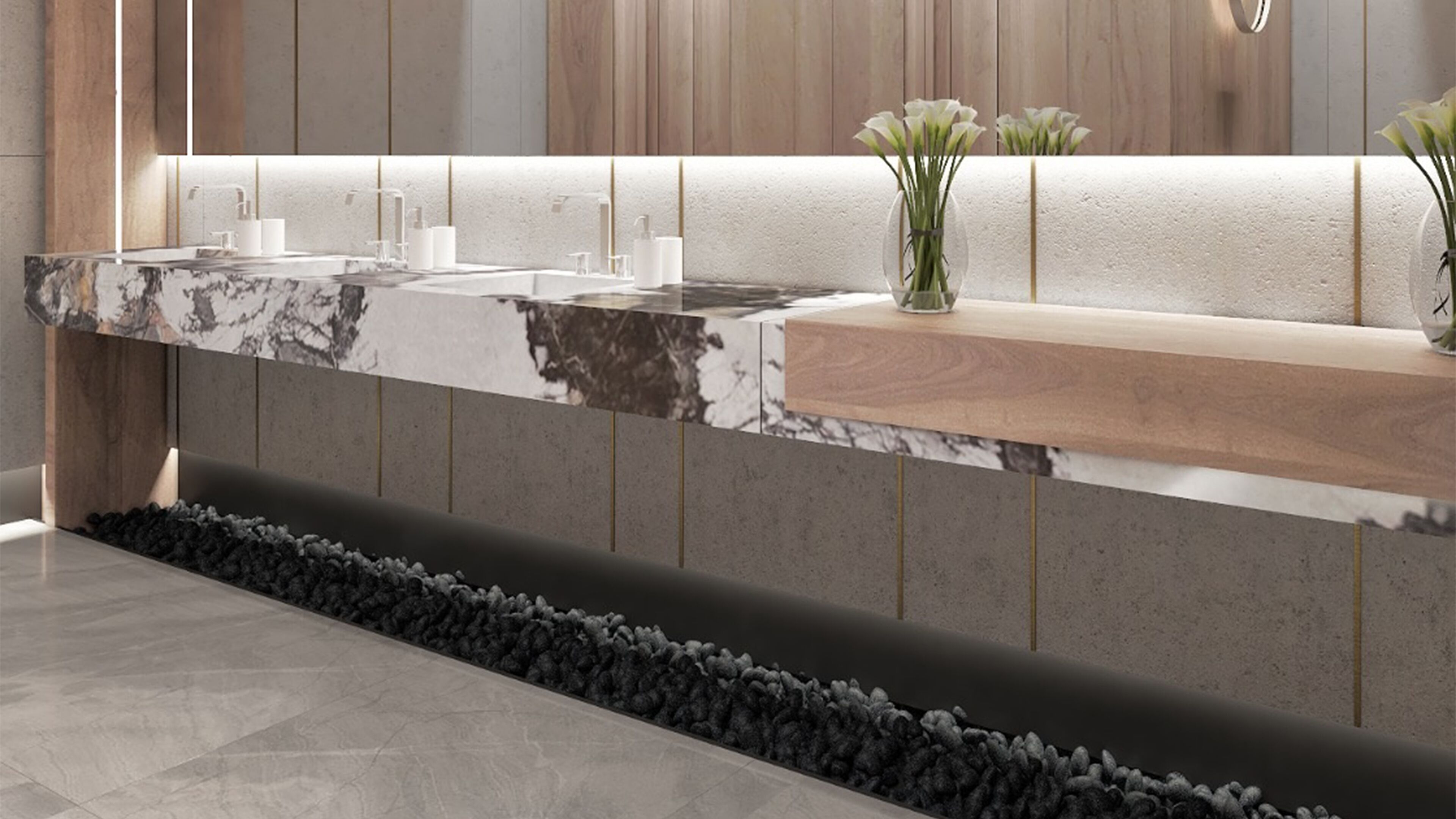 A modern reception area with a marble countertop, a wooden shelf, and a vase with flowers.