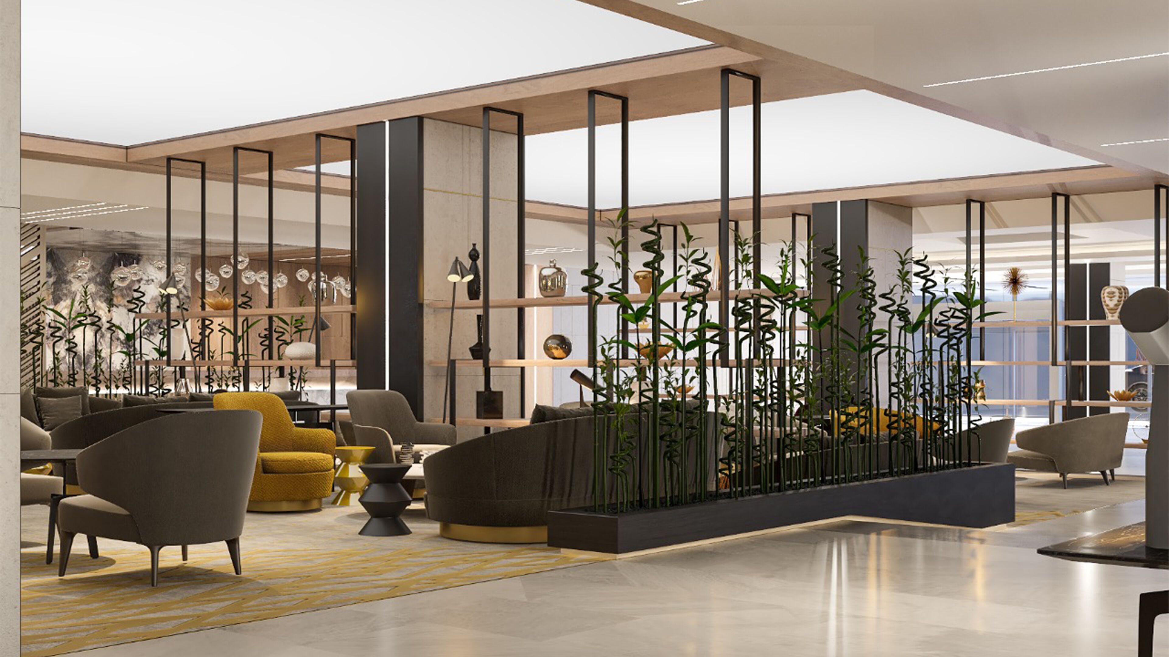 A modern lobby with a central seating area, a glass partition, and a variety of plants.