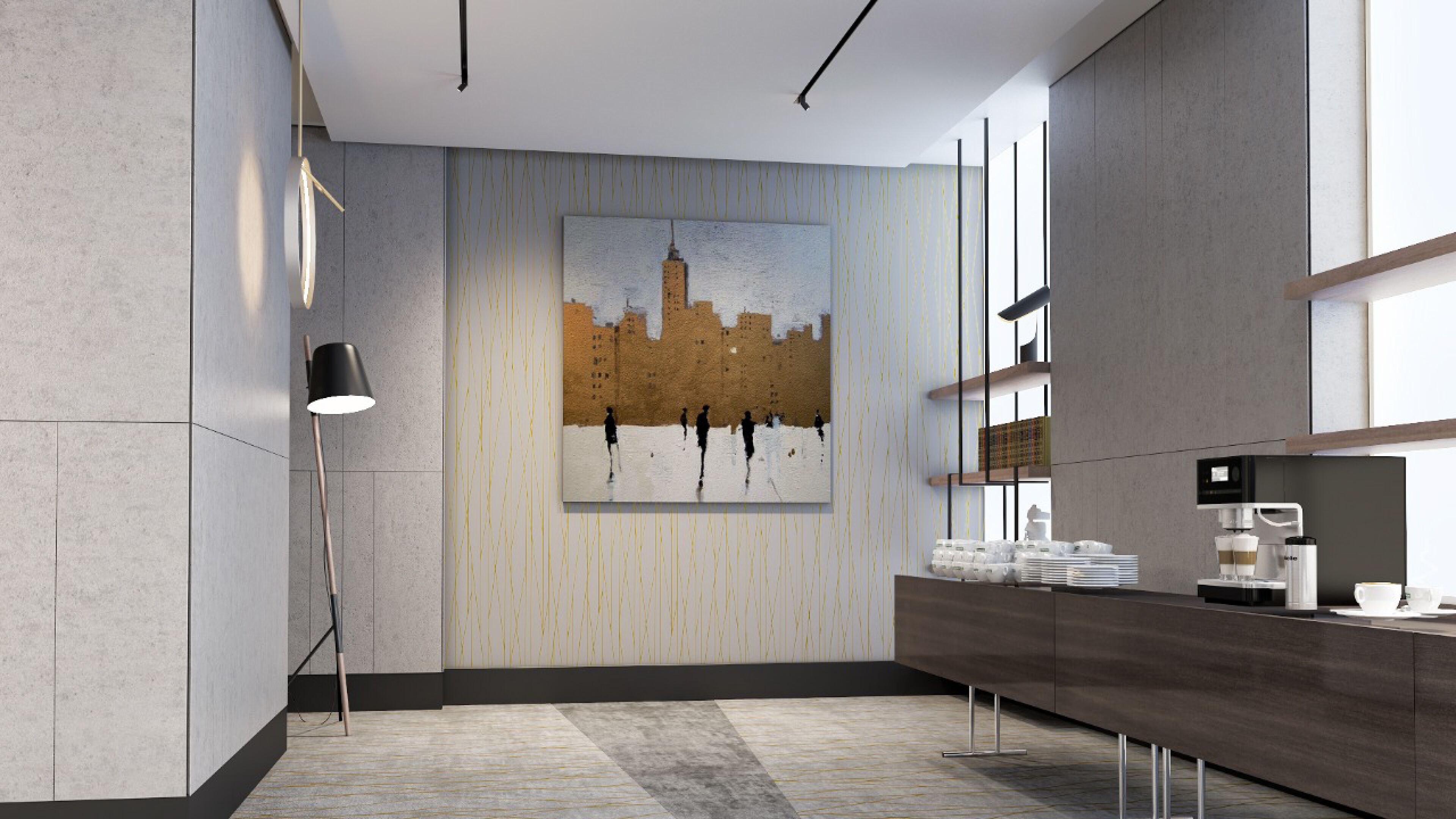 A modern kitchen with a cityscape painting, a coffee machine, and a minimalist design.