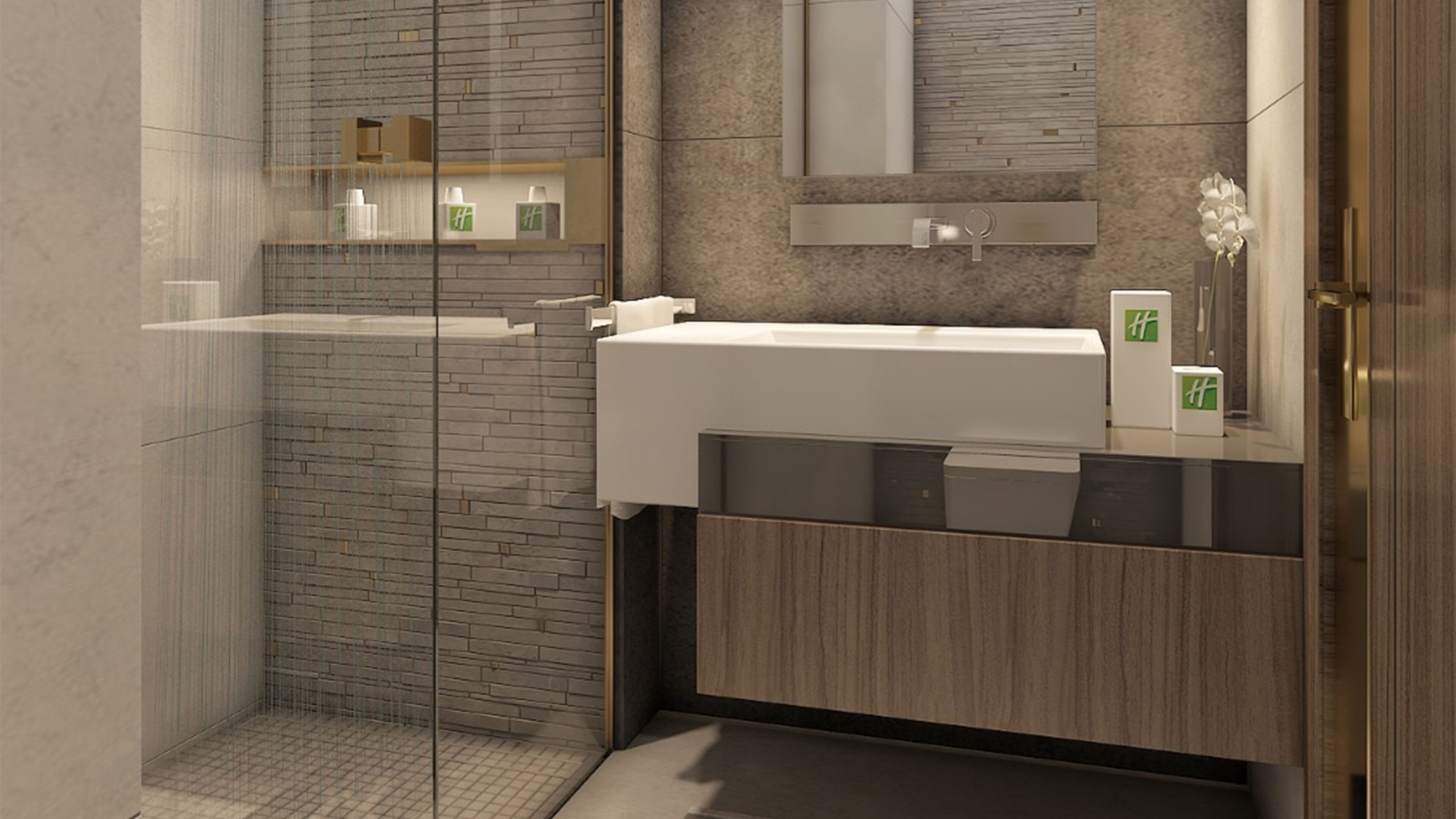 A modern bathroom with a glass shower enclosure, a wooden vanity with a sink, and a mirror above the vanity.