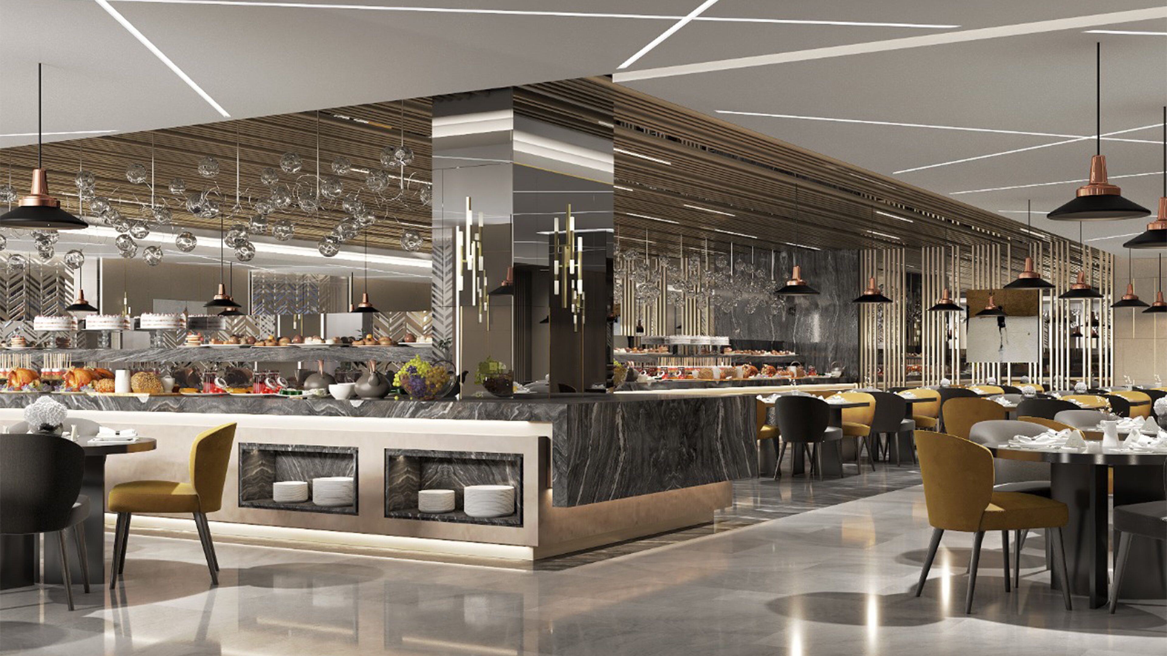 Un restaurant moderne doté d’un bar central, d’un espace aménagé pour s’asseoir et de luminaires contemporains.