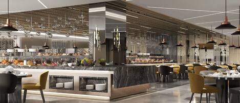 Un restaurant moderne doté d’un bar central, d’un espace aménagé pour s’asseoir et de luminaires contemporains.