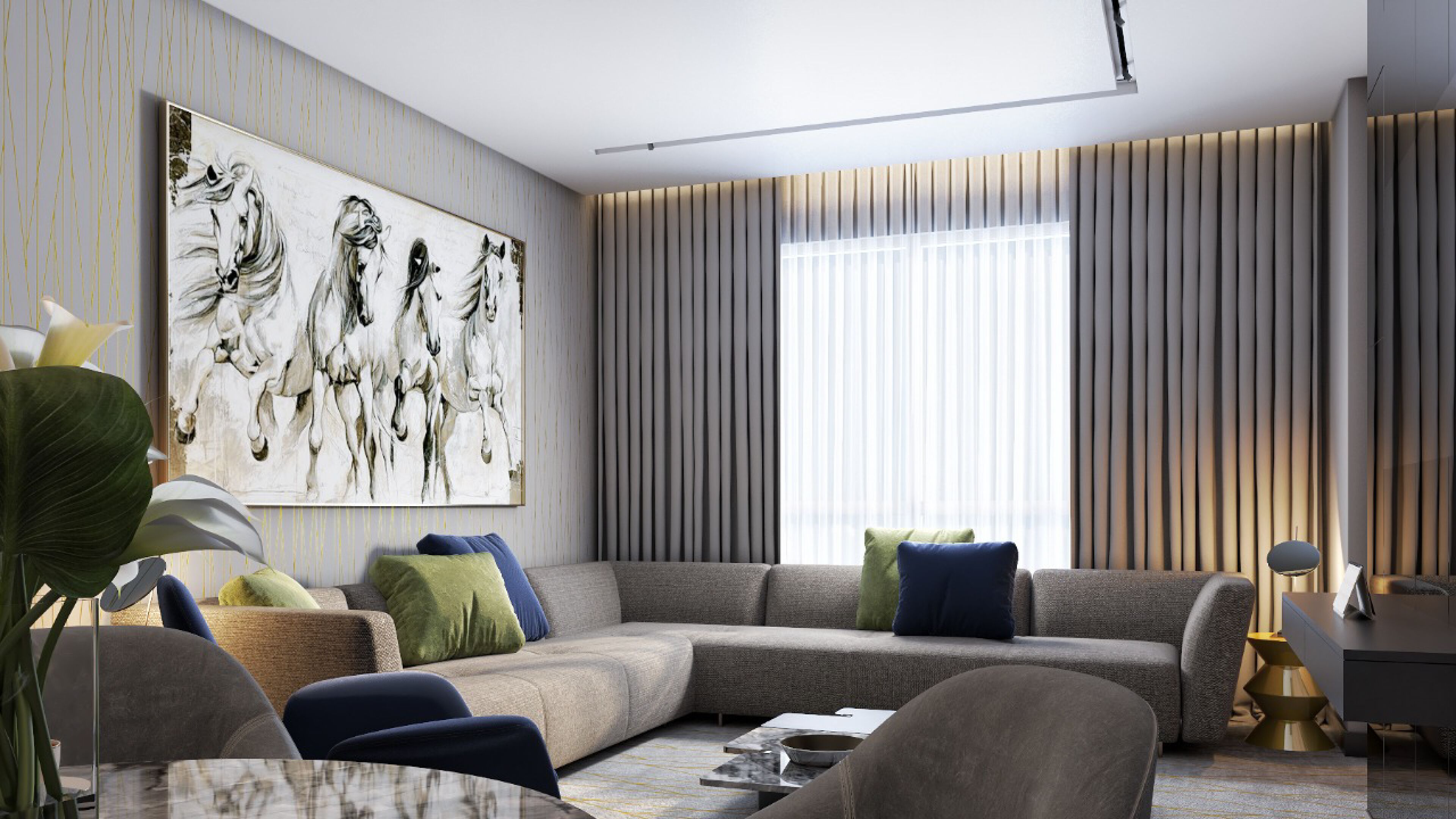 A modern living room with a sectional sofa, a large abstract painting, and a large window with vertical blinds.