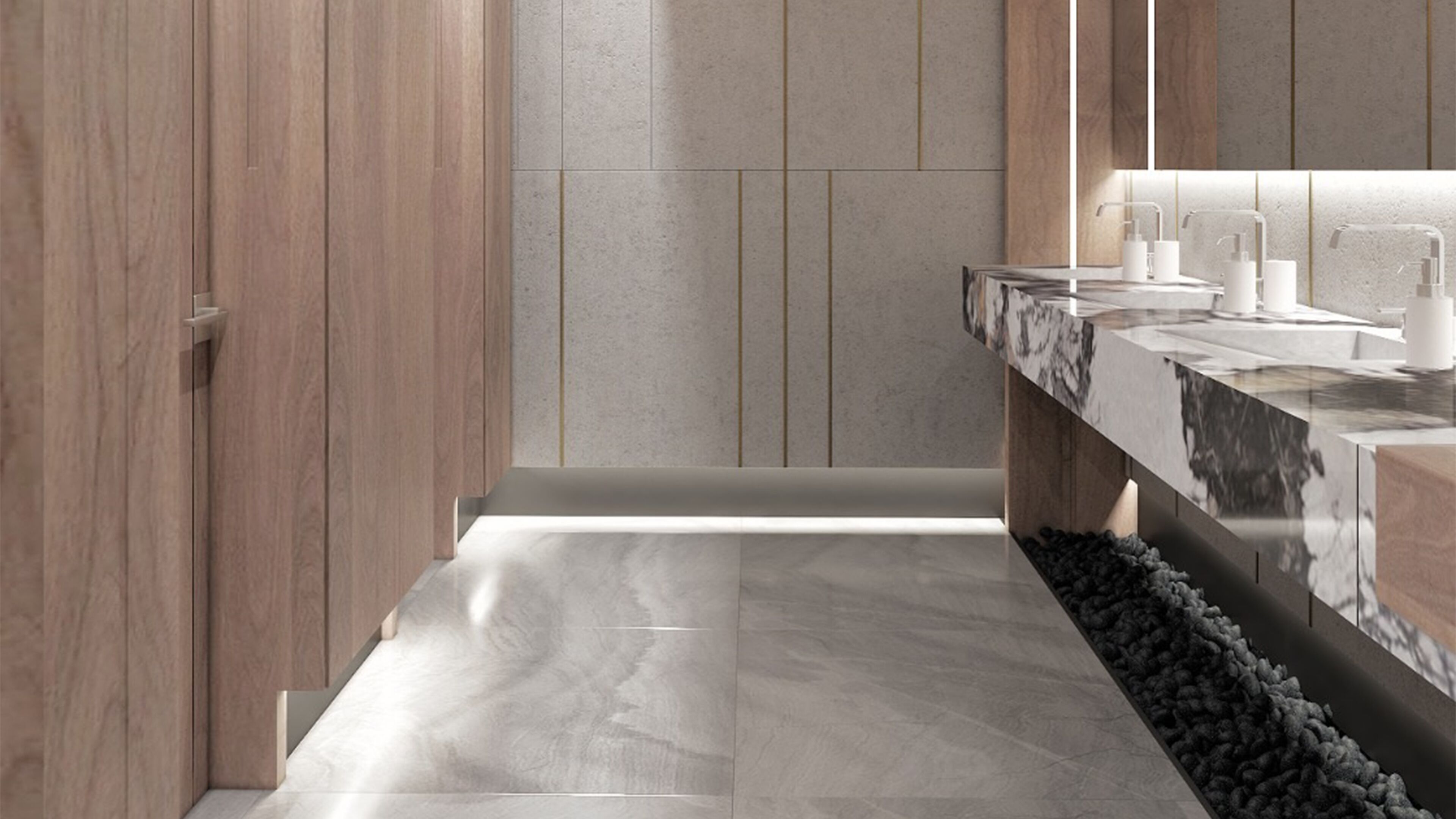 A modern bathroom with a wooden vanity, marble countertop, and a large mirror.