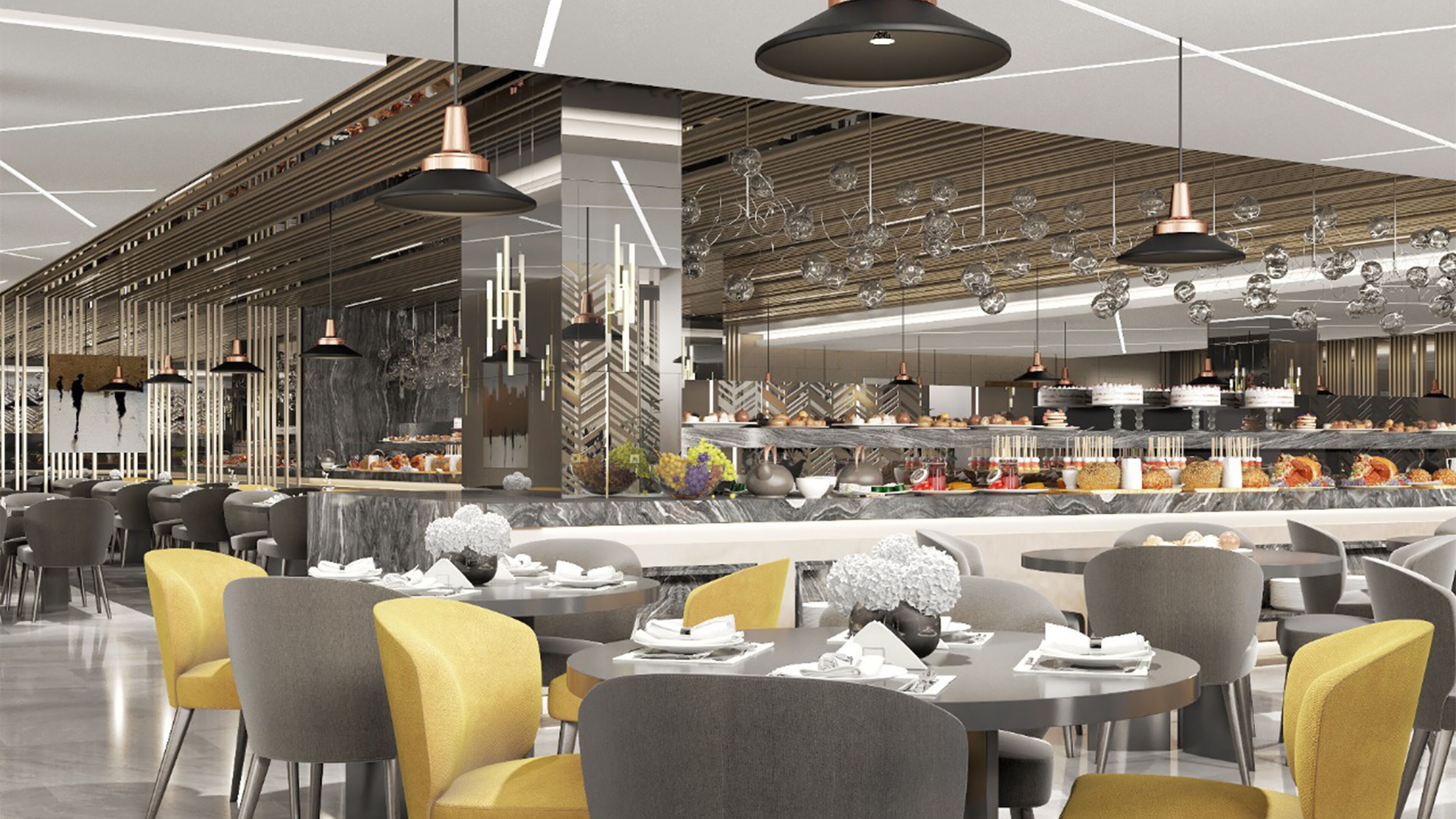 Un restaurant modern amb una barra central, sostres alts i lluminàries contemporànies.