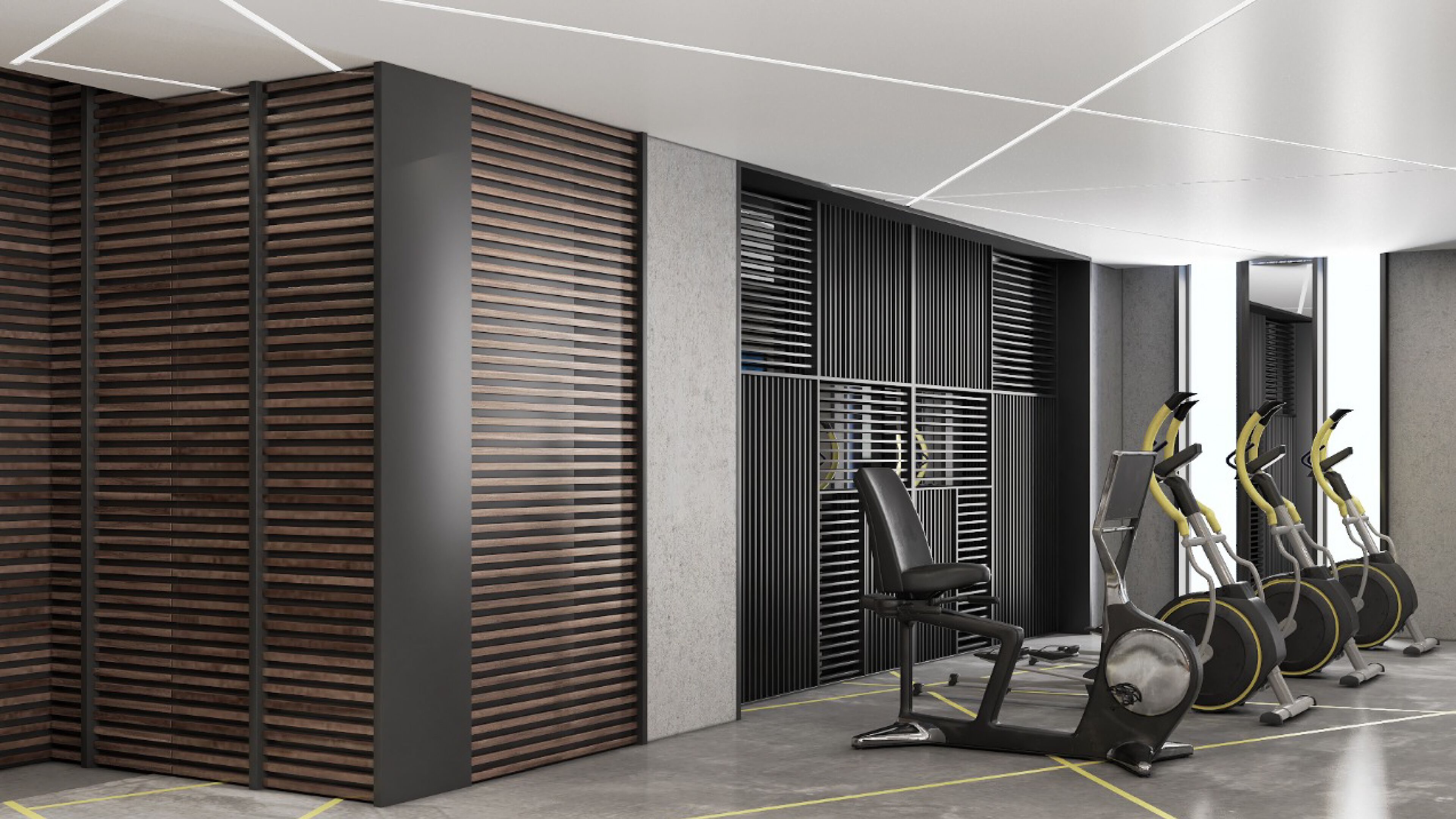 A modern gym with exercise equipment, wooden panel walls, and a clean, minimalist design.