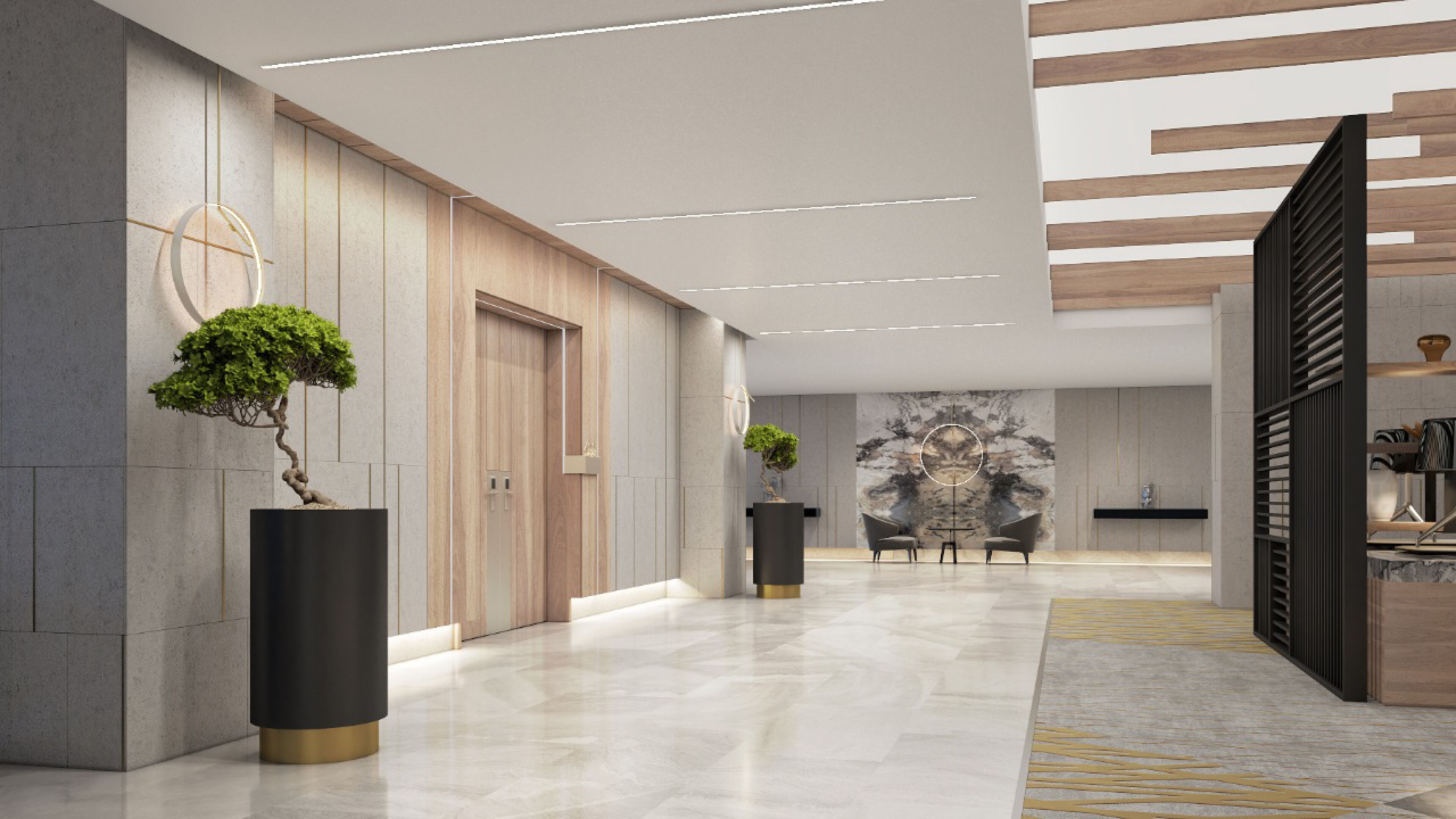 A modern lobby with a marble floor, wooden panel walls, and two potted plants.